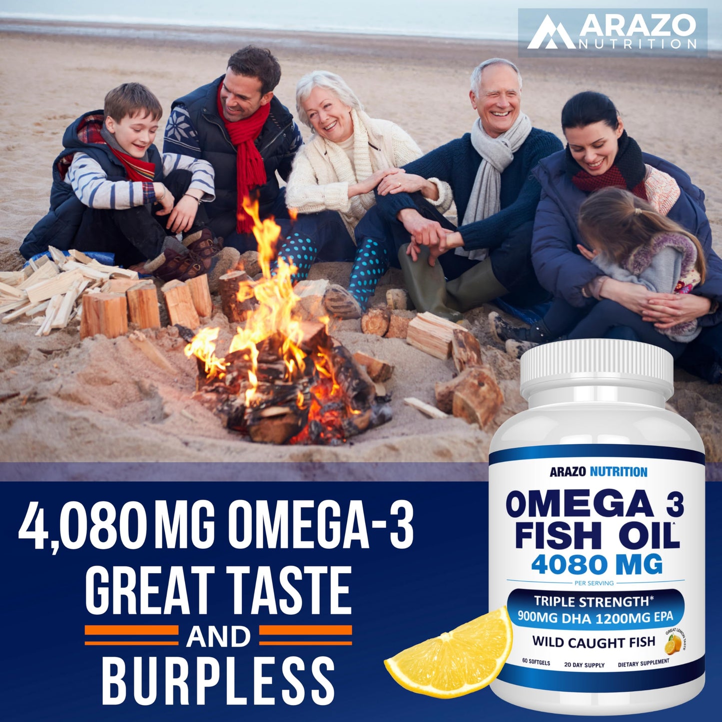 Arazo Nutrition Wild Caught Omega-3 Fish Oil – 60 Soft Gels | High EPA 1200mg, DHA 900mg | Lemon Burpless