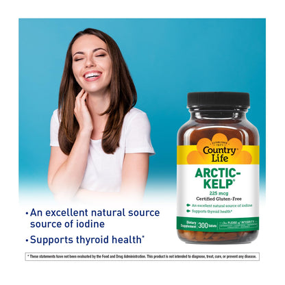 Country Life Arctic-Kelp – Natural Iodine for Thyroid & Immune Support, 225 mcg, 300 Tablets | Vegan & Gluten-Free