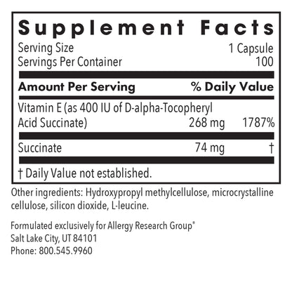 Allergy Research Group Vitamin E Succinate 400 IU - Vegetarian Capsules, 100 Count