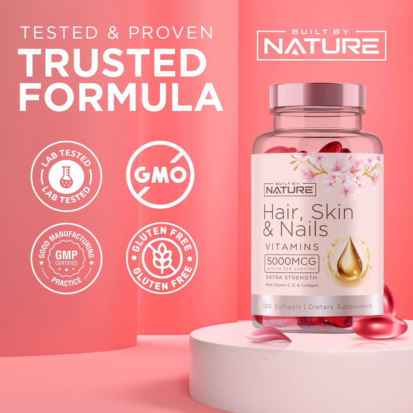 Hair Skin & Nails Vitamins 5000mcg Biotin with Collagen & Hyaluronic Acid – 120 Softgels