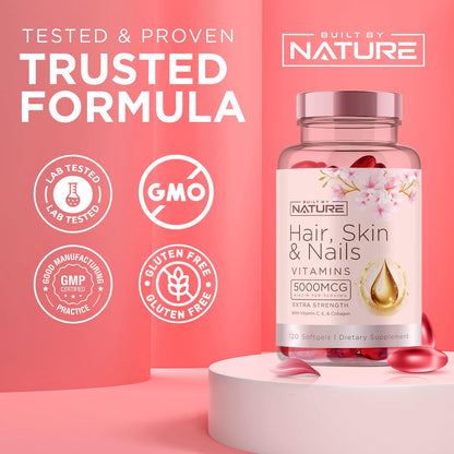 Hair Skin & Nails Vitamins 5000mcg Biotin with Collagen & Hyaluronic Acid – 120 Softgels