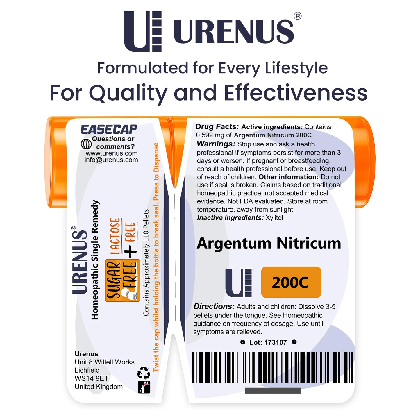 Argentum Nitricum 200C – Sugar Free & Lactose Free Homeopathic Remedy (110 Pellets) | Urenus