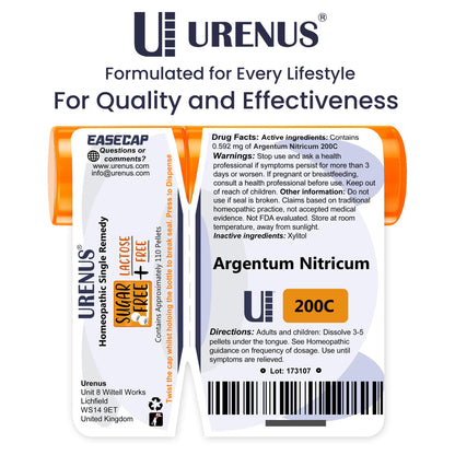 Argentum Nitricum 200C – Sugar Free & Lactose Free Homeopathic Remedy (110 Pellets) | Urenus