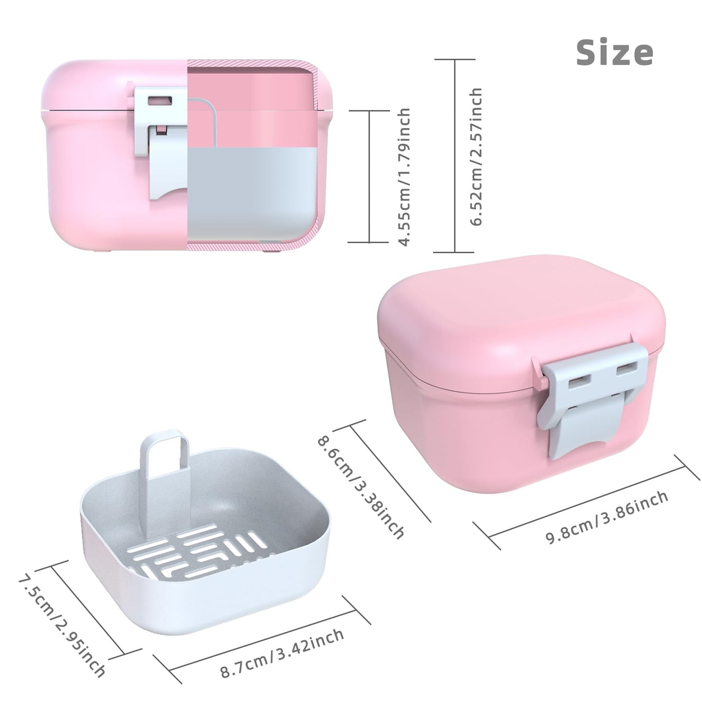 ARGOMAX Leak-Proof Denture Bath Cup – Portable Denture Box with Strainer (Pink & White)