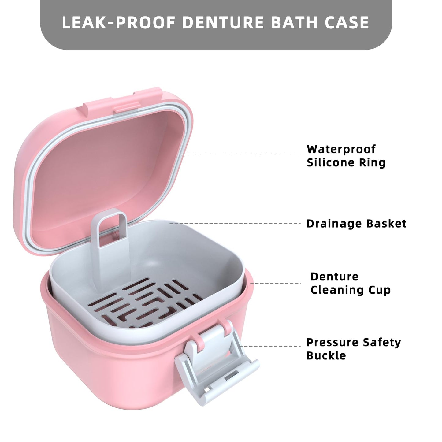 ARGOMAX Leak-Proof Denture Bath Cup – Portable Denture Box with Strainer (Pink & White)