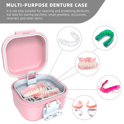 ARGOMAX Leak-Proof Denture Bath Cup – Portable Denture Box with Strainer (Pink & White)