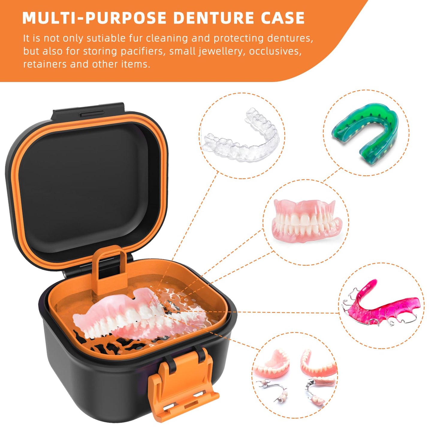 ARGOMAX Leak-Proof Denture Bath Cup – Portable Denture Box with Strainer (Black & Orange)