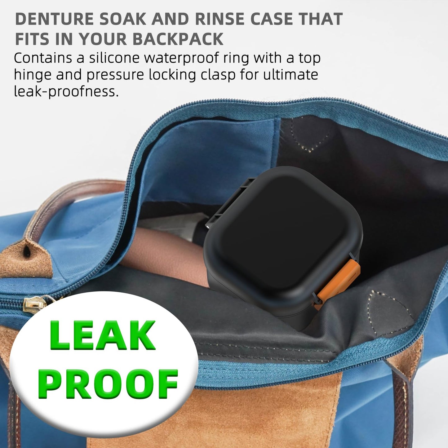 ARGOMAX Leak-Proof Denture Bath Cup – Portable Denture Box with Strainer (Black & Orange)