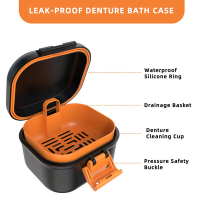 ARGOMAX Leak-Proof Denture Bath Cup – Portable Denture Box with Strainer (Black & Orange)