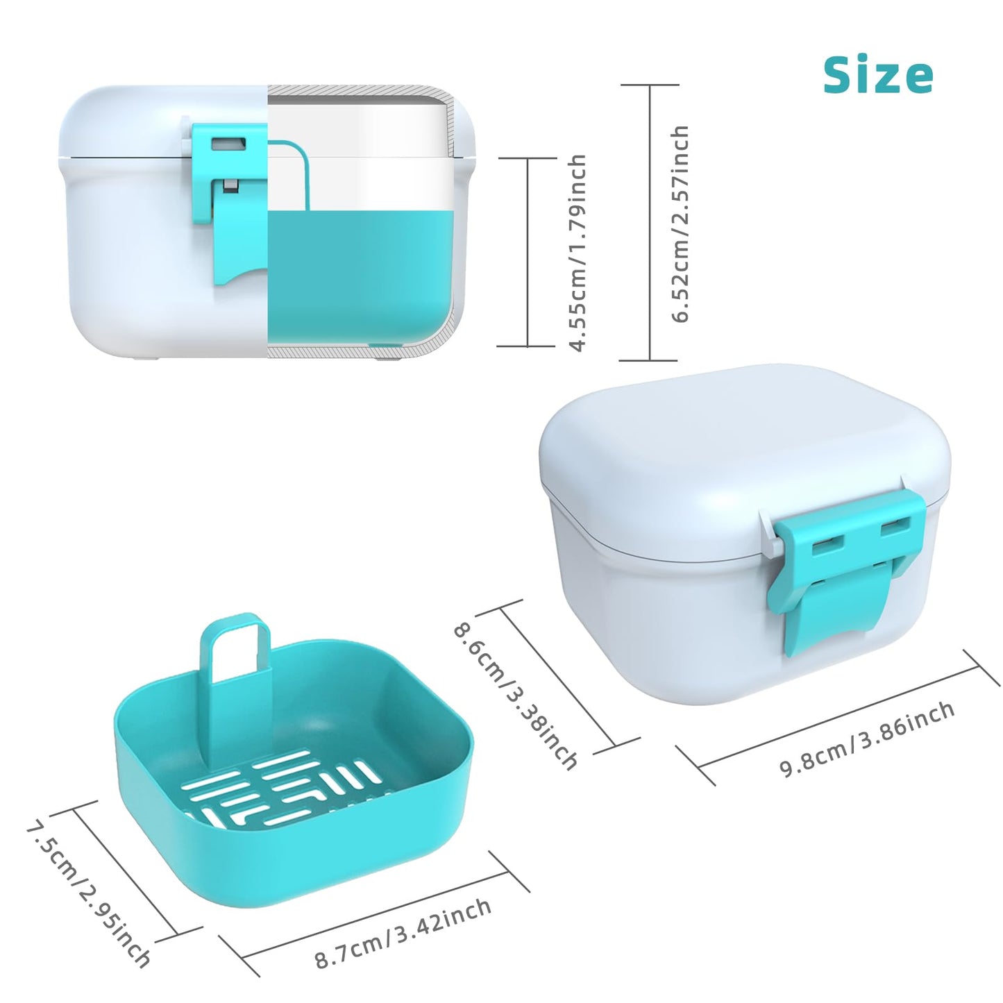 ARGOMAX Leak Proof Denture Bath Cup – Portable Denture Soaking Box with Strainer (White & Cyan)