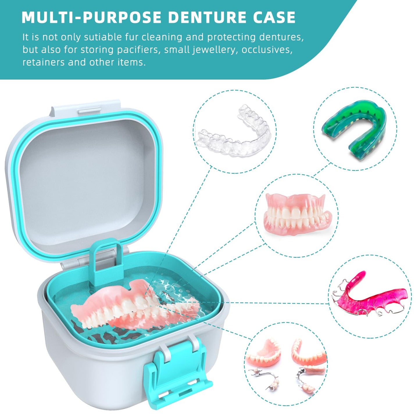ARGOMAX Leak Proof Denture Bath Cup – Portable Denture Soaking Box with Strainer (White & Cyan)