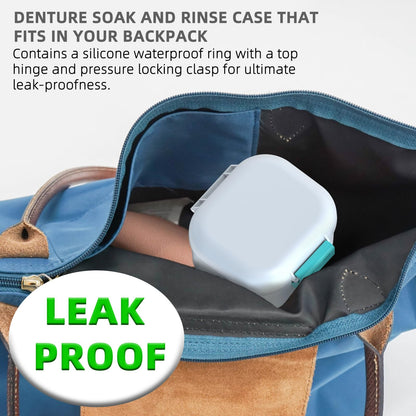 ARGOMAX Leak Proof Denture Bath Cup – Portable Denture Soaking Box with Strainer (White & Cyan)