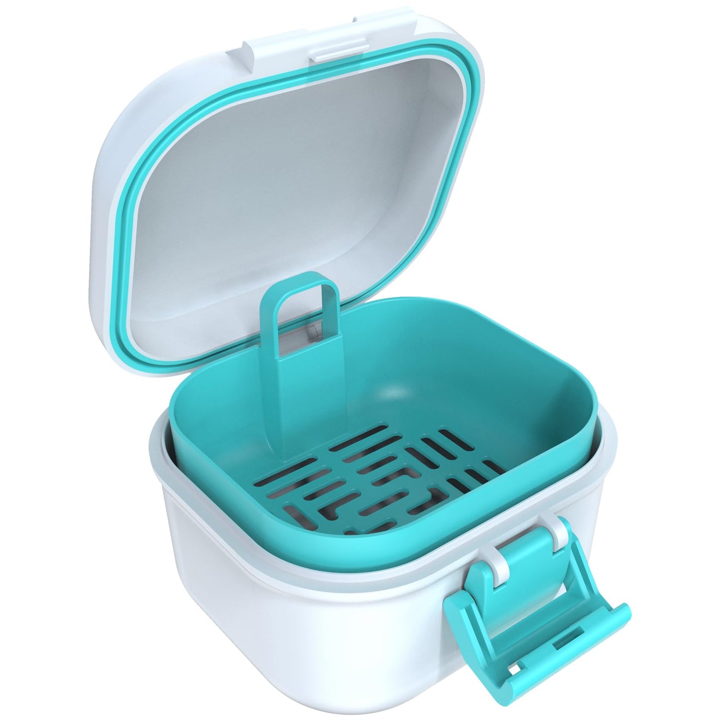 ARGOMAX Leak Proof Denture Bath Cup – Portable Denture Soaking Box with Strainer (White & Cyan)