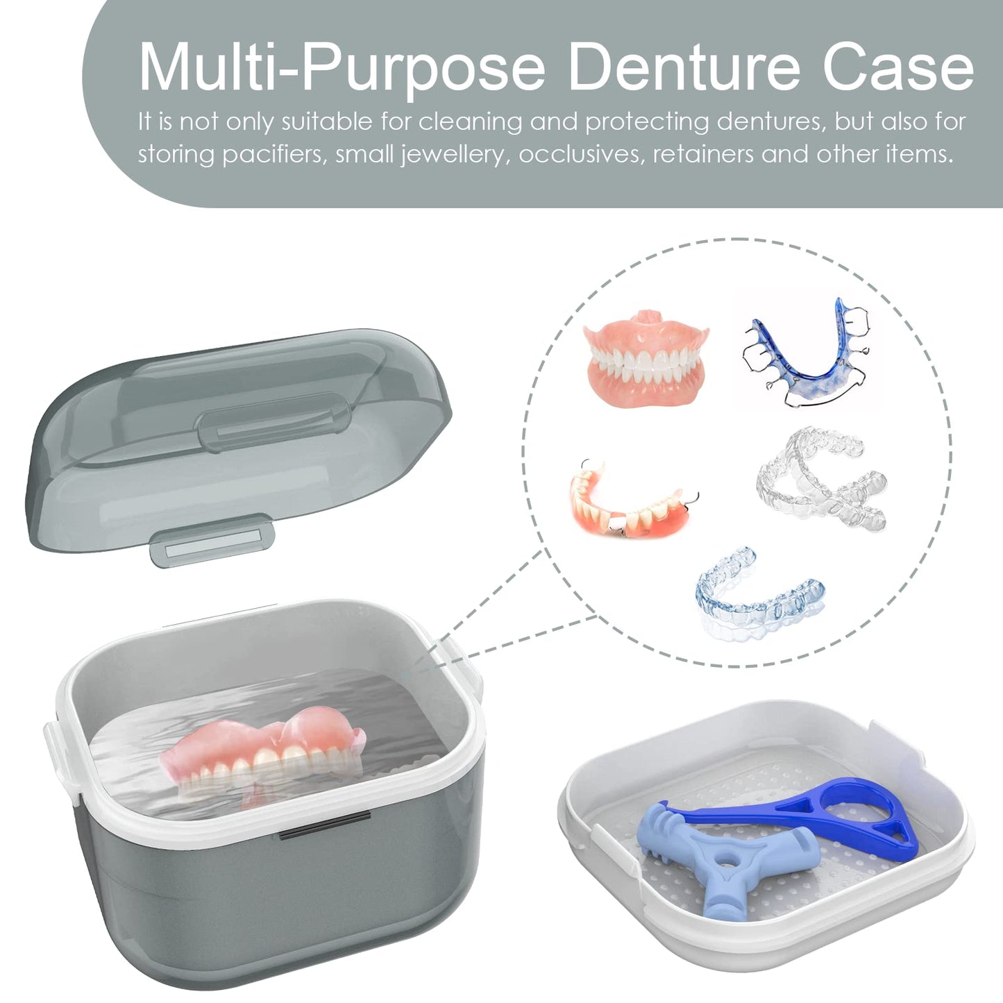ARGOMAX Denture Case - Denture Cup for Soaking & Thorough Cleaning (Not Leak-Proof) - Grey