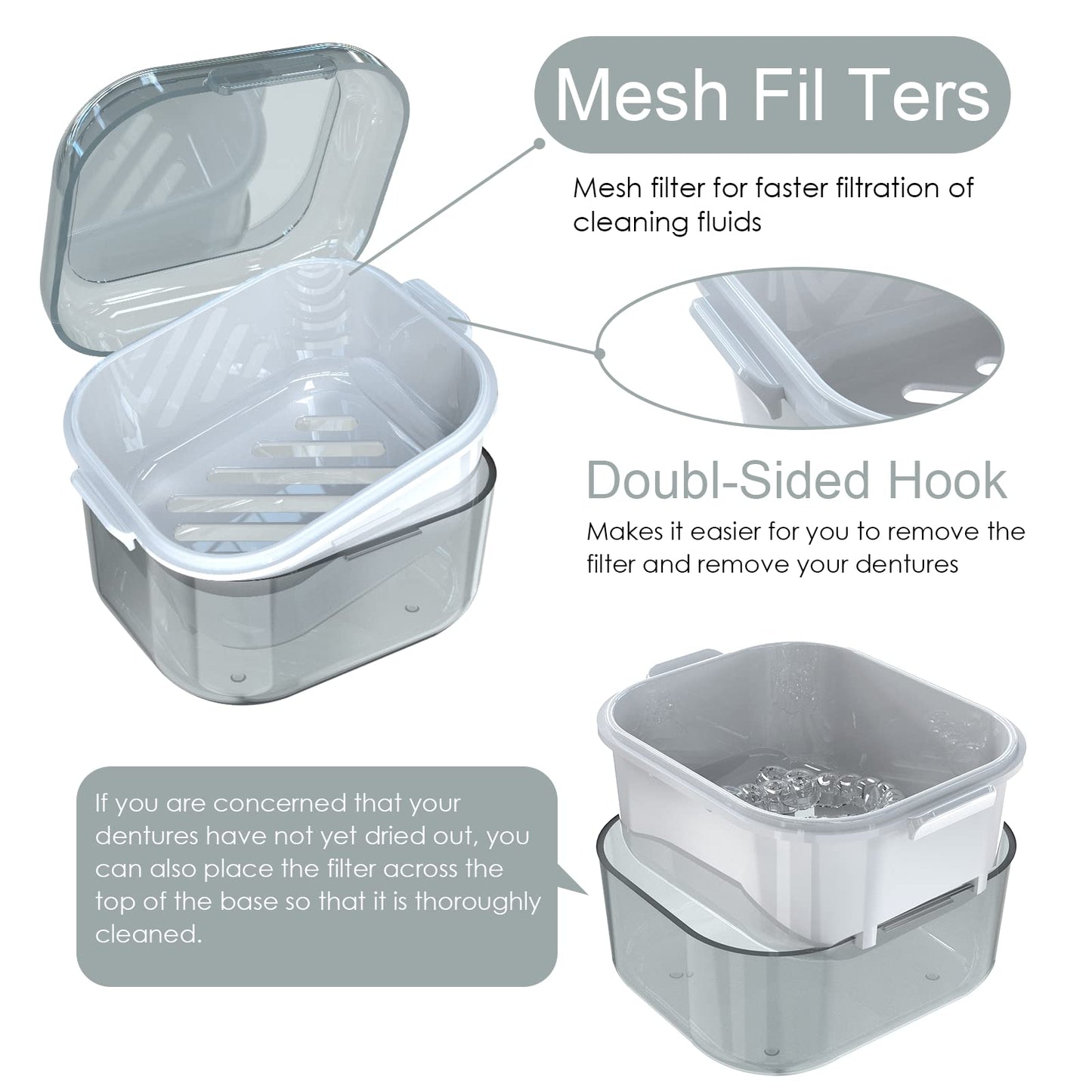ARGOMAX Denture Case - Denture Cup for Soaking & Thorough Cleaning (Not Leak-Proof) - Grey