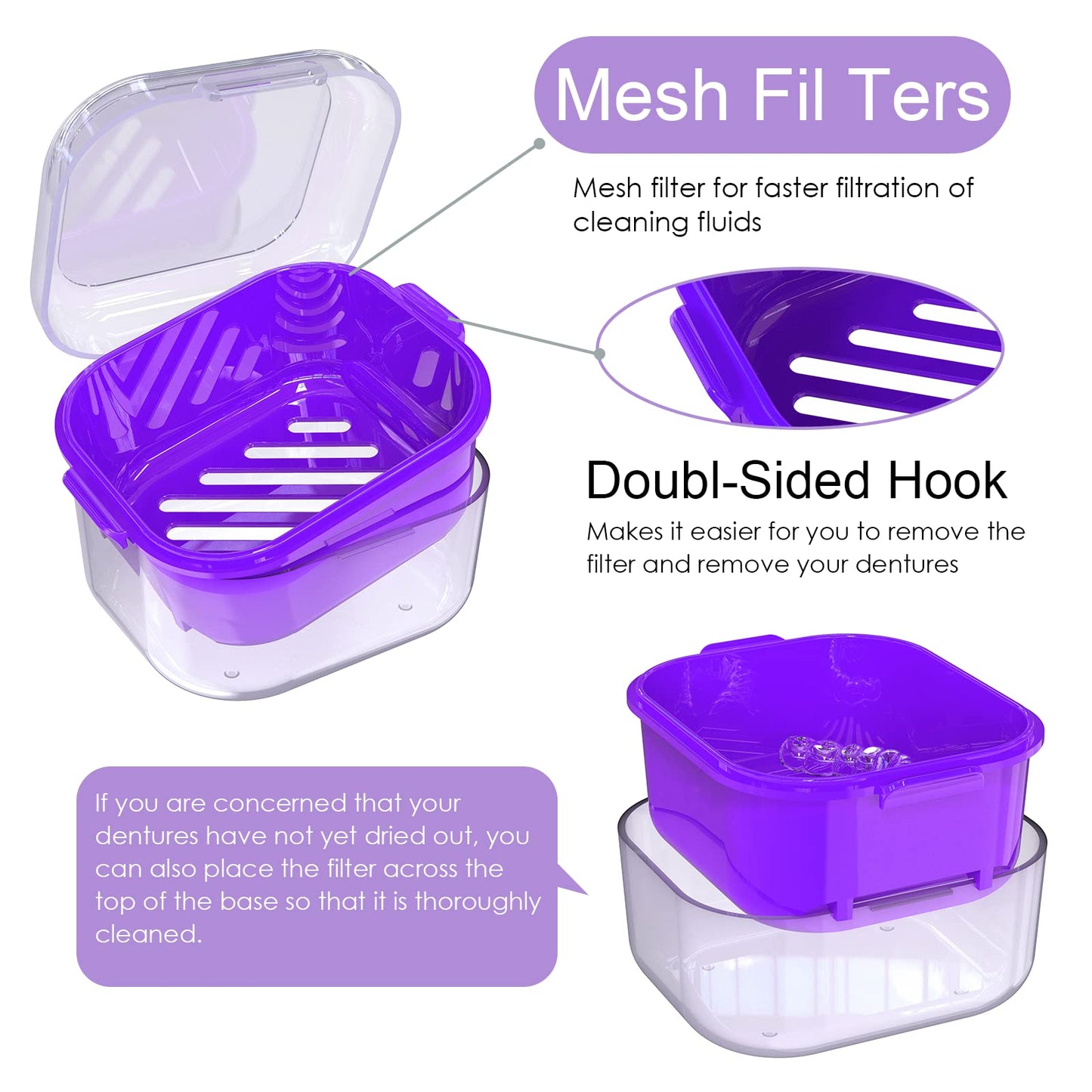 ARGOMAX Denture Case, Denture Cup for Soaking Dentures (Not Leak-Proof) – Thorough Cleaning of Dentures, Retainer, Mouthguards, Clear Braces, Dark Purple