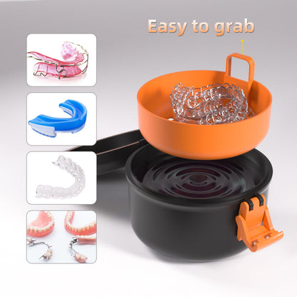 ARGOMAX Leak-Proof Retainer Case | Denture Cleaning Cup for Soaking | Travel Case (Black & Orange)