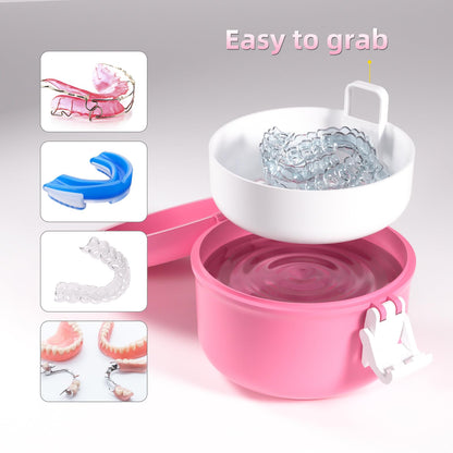 ARGOMAX Leak-Proof Retainer Cleaner Case for Dentures | Travel Denture Cup Pink & White
