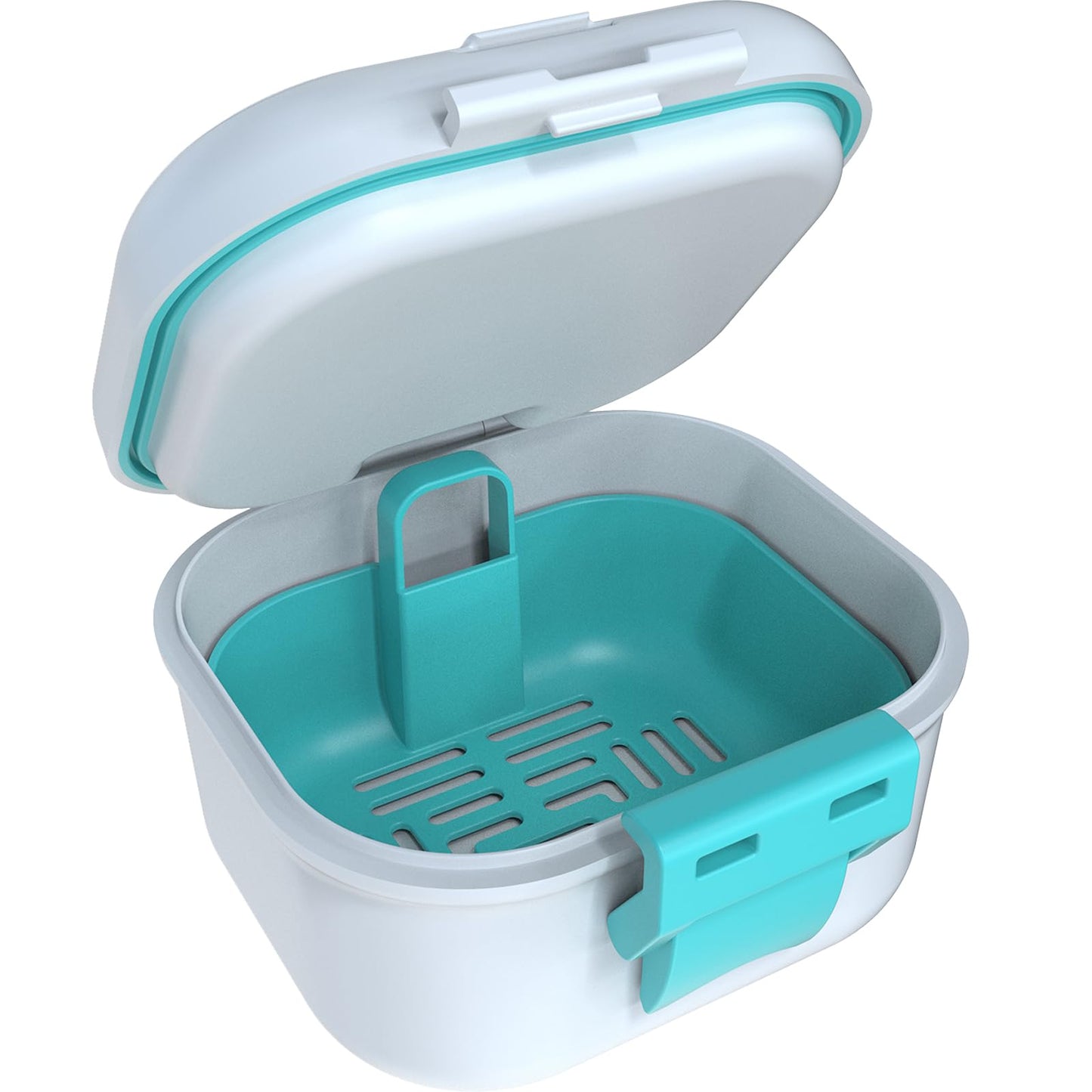 ARGOMAX Leak Proof Denture Bath Cup – White + Cyan, Portable Case