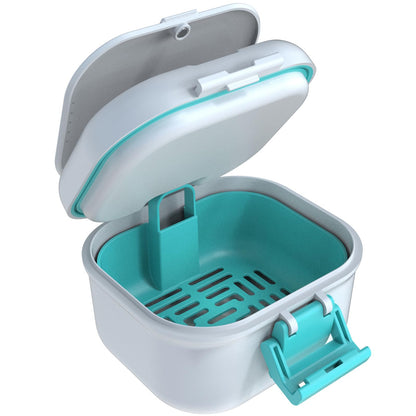ARGOMAX Leak Proof Denture Bath Cup – White + Cyan, Portable Case