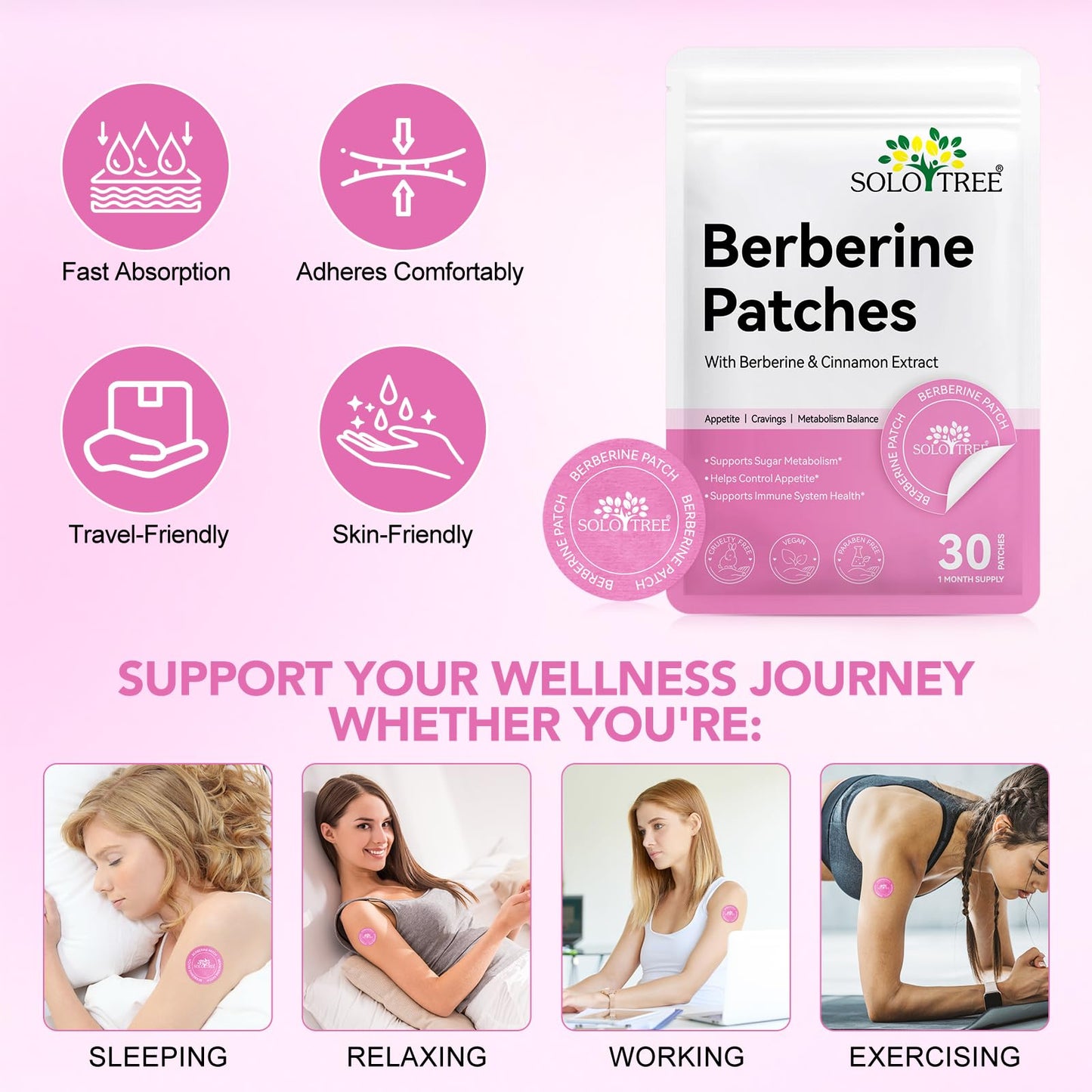 Arkture Berberine Patches for Women and Men – Cinnamon & Pomegranate – 8-Hour Formula – 30 Patches