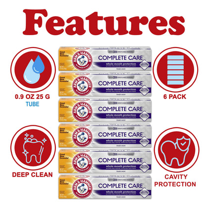 ARM & HAMMER Complete Care Toothpaste - Whole Mouth Protection 6 Pack, Fresh Mint, Travel Size 0.9 oz