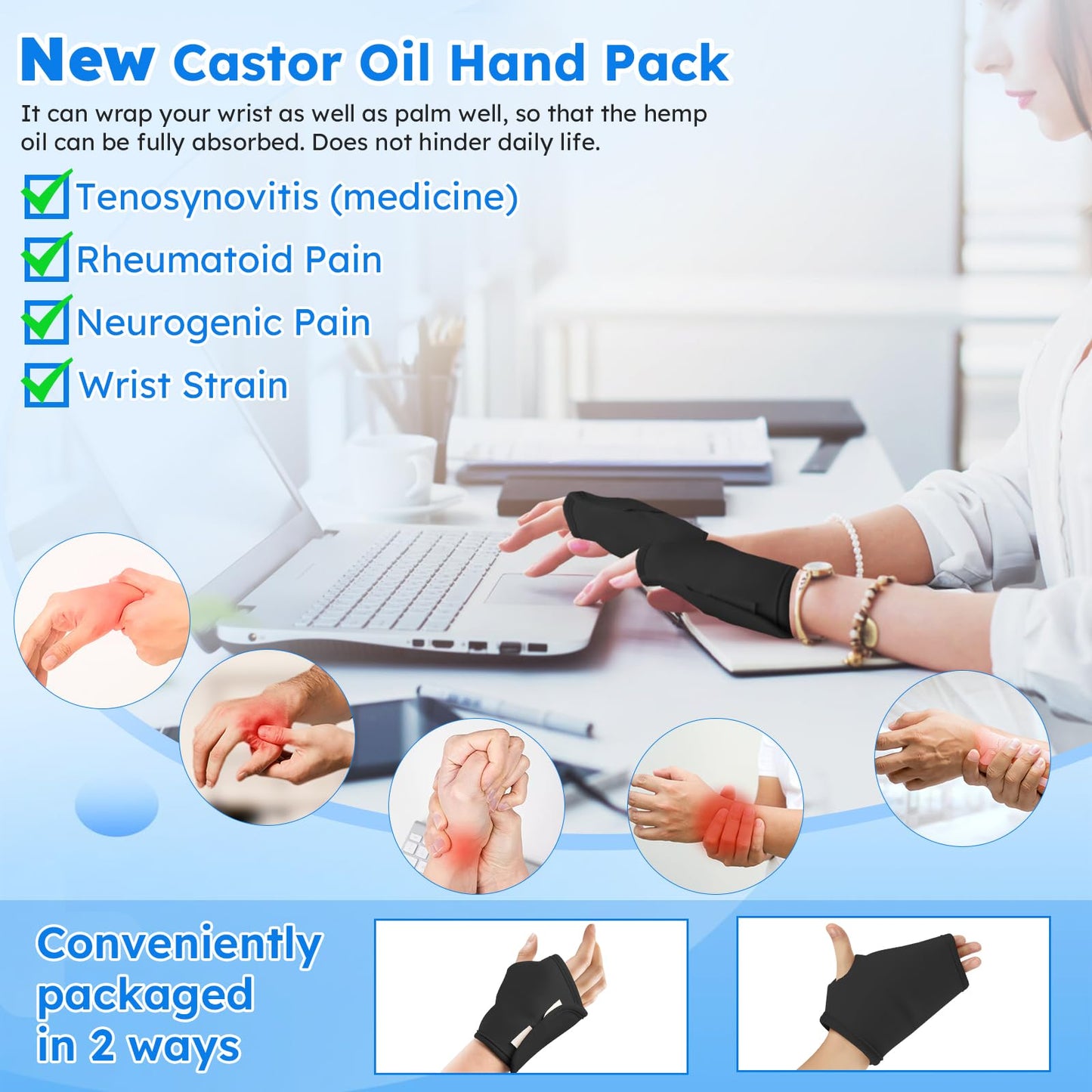 Castor Oil Pack Wrap Kit – 10 Pcs Reusable Organic Cotton with Adjustable Straps (Black)