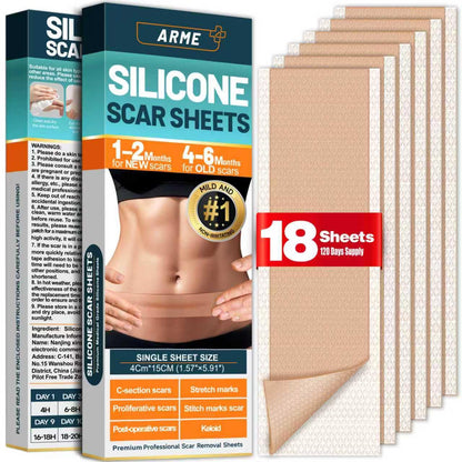 Arme Silicone Scar Sheets – 18-Pack Medical Grade Scar Tape for Surgical, C-Section, and Keloid Scars