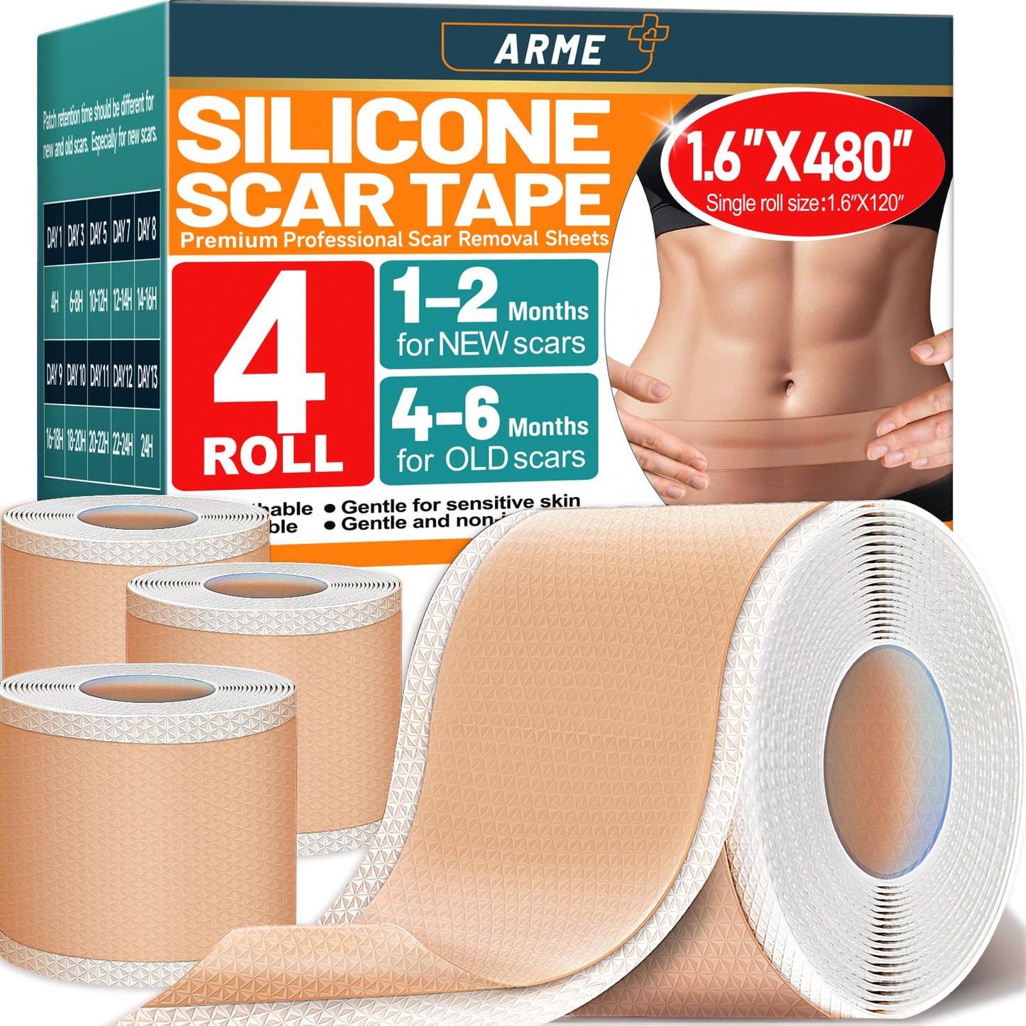 Arme Silicone Scar Tape – 4 Roll Pack (480") Reusable Medical-Grade Scar Sheets
