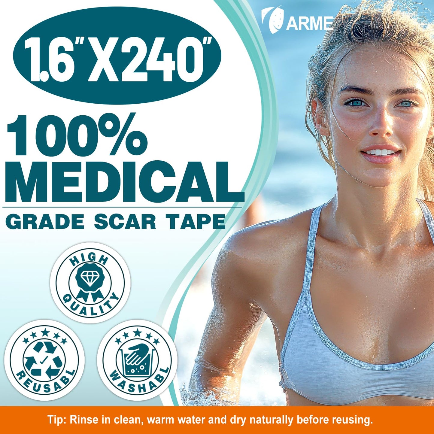 Arme Silicone Scar Tape – 1.6in x 240in Medical-Grade Scar Sheets (2 Rolls)