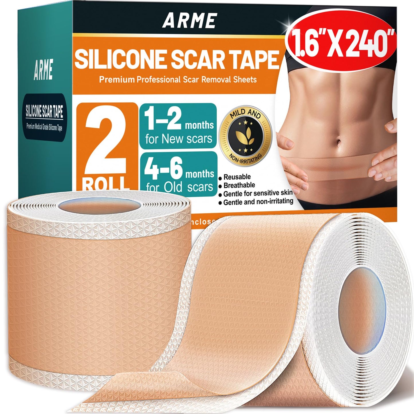 Arme Silicone Scar Tape – 1.6in x 240in Medical-Grade Scar Sheets (2 Rolls)