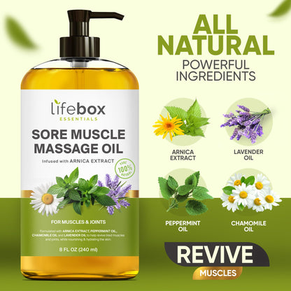 Arnica Sore Muscle Massage Oil – 100% Pure & Natural, 8 oz