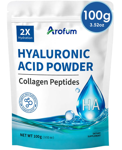 Arofum Hyaluronic Acid Powder with Collagen Peptides – DIY Hydrating Serum, Clean Formula, Gluten-Free (100 g / 3.52 oz)
