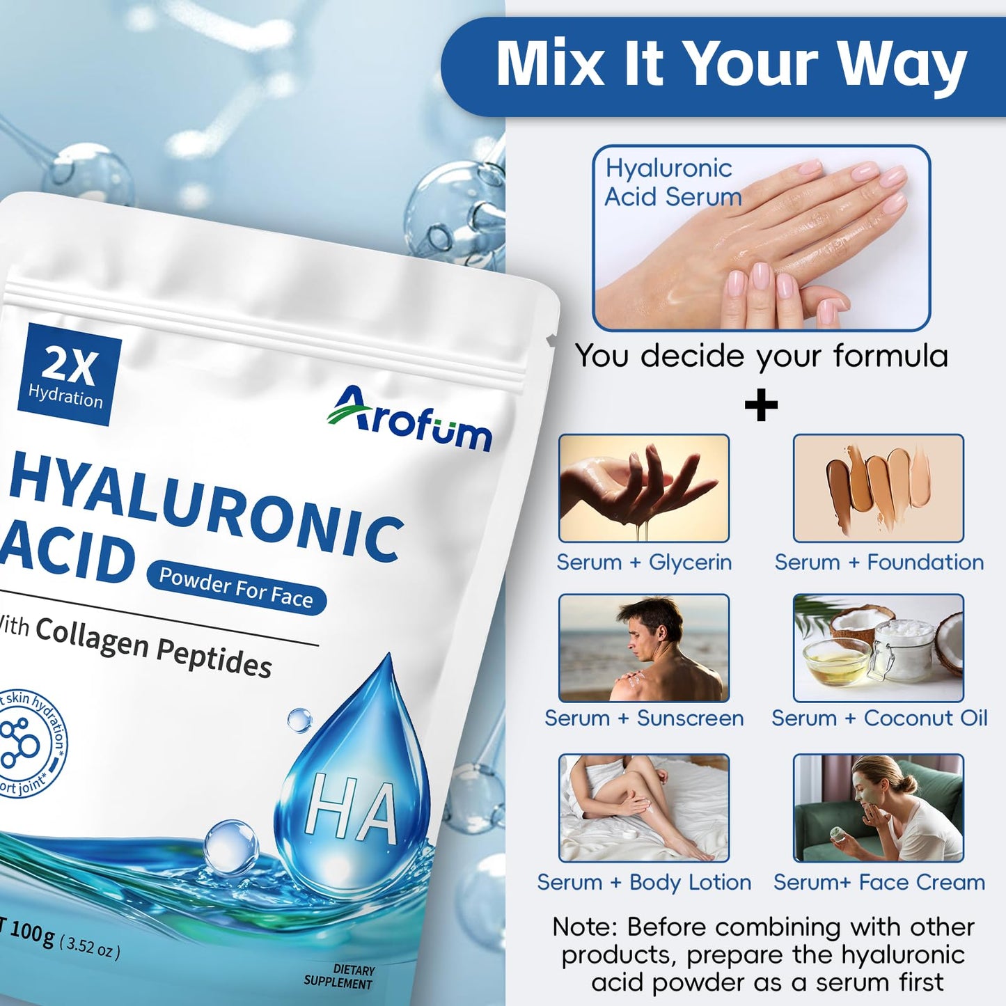 Arofum Hyaluronic Acid Powder with Collagen Peptides – DIY Hydrating Serum, Clean Formula, Gluten-Free (100 g / 3.52 oz)