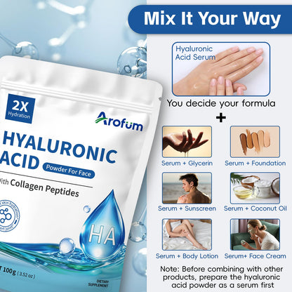 Arofum Hyaluronic Acid Powder with Collagen Peptides – DIY Hydrating Serum, Clean Formula, Gluten-Free (100 g / 3.52 oz)