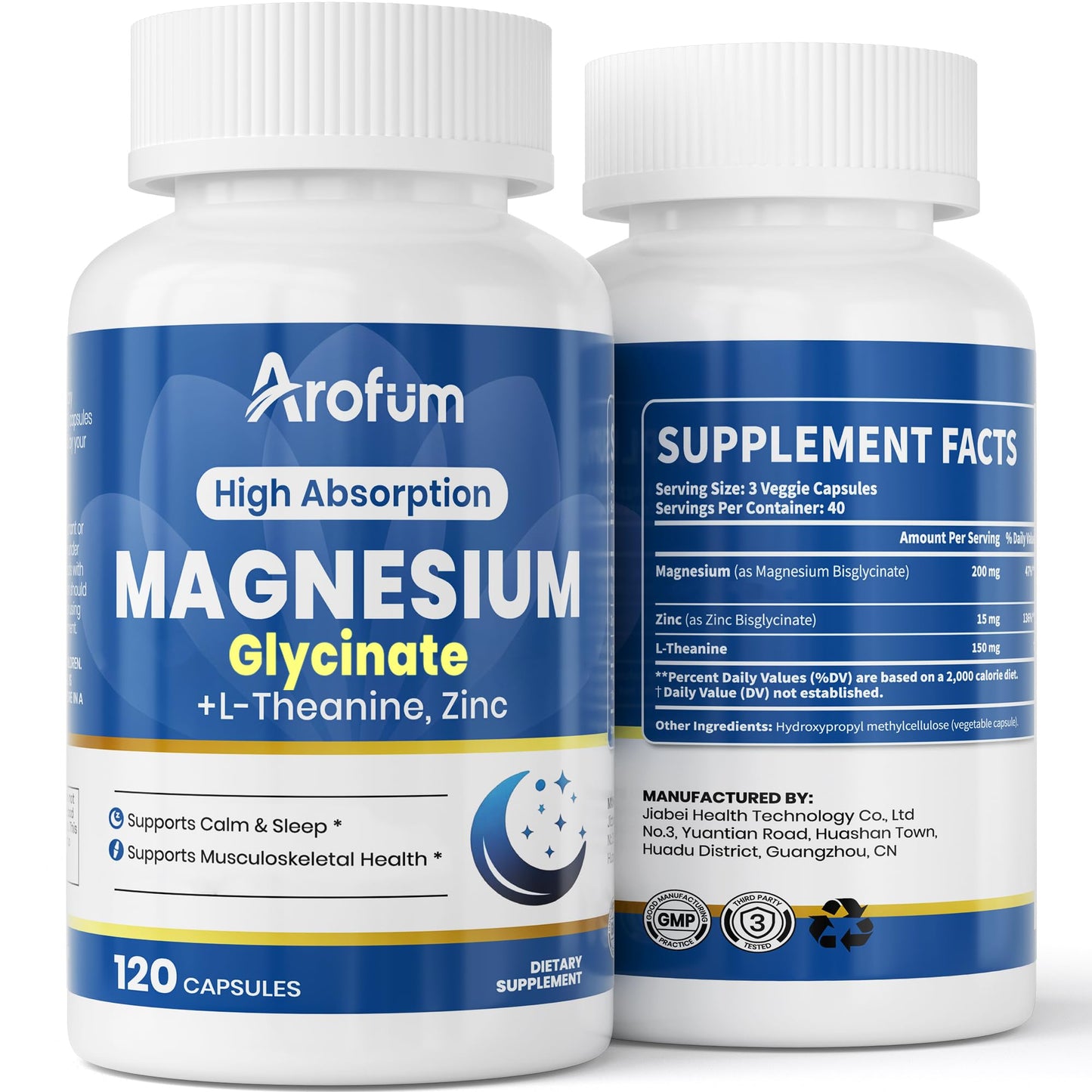AROFUM Magnesium Glycine 200 mg, with L-theanine and Zinc Glycine – Magnesium Supplement to Help Soothe Emotions, Balance Stress, and Promote restful Sleep – Non-GMO Vegan Capsules, 120 Capsules