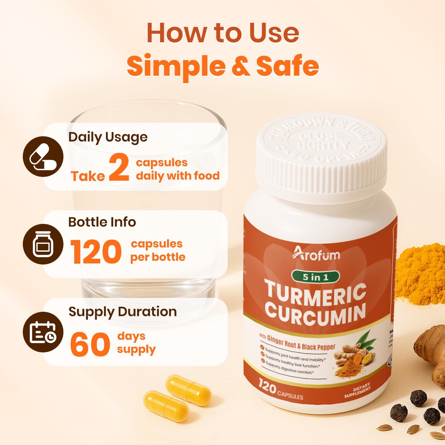 Arofum Turmeric Supplement with Ginger Root & BioPerine – 500mg Turmeric Extract – Joint & Digestive Support | 120 Vegan Capsules