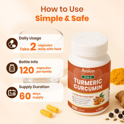 Arofum Turmeric Supplement with Ginger Root & BioPerine – 500mg Turmeric Extract – Joint & Digestive Support | 120 Vegan Capsules