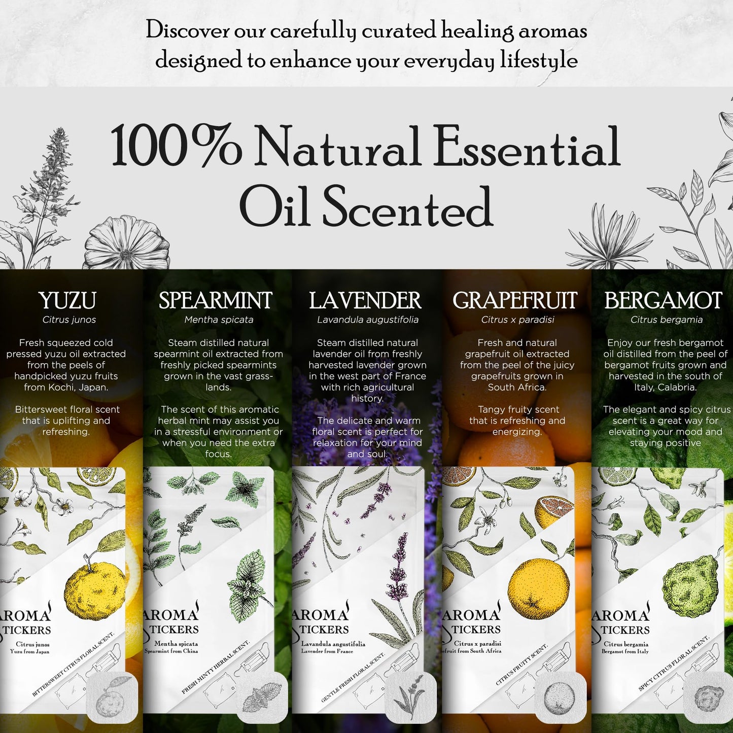 AROMA STICKERS® - 100% Natural Essential Oil Stickers (Pack of 5) for Face Mask & Pillow