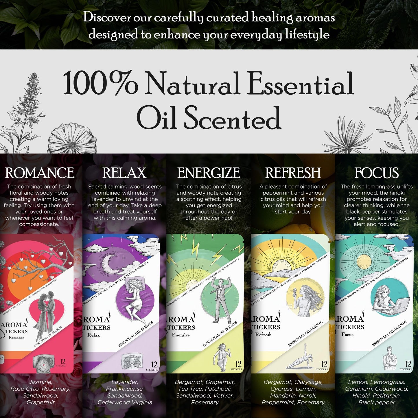 AROMA STICKERS Original Blend Edition – 60 Natural Diffuser Stickers (5 Blends, 12 Each)