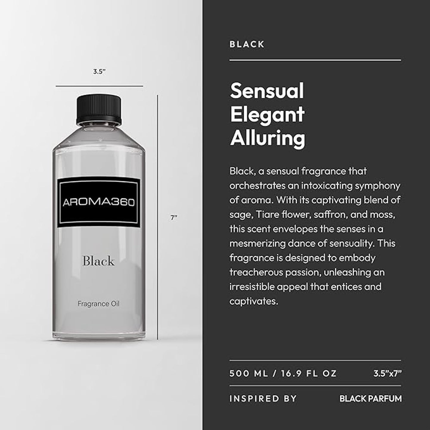 Aroma360 Black Diffuser Oil Blend | Luxury Essential Aromatherapy for Reed Diffusers | Sage, Tiaré Flower & Saffron | 16.9 oz (500 mL)