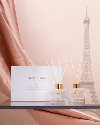 Aroma360 Escapade Paris Collection Reed Diffuser Duo | Luxury Aromatherapy Diffusers - Lemon, Ocean, Bergamot & Jasmine