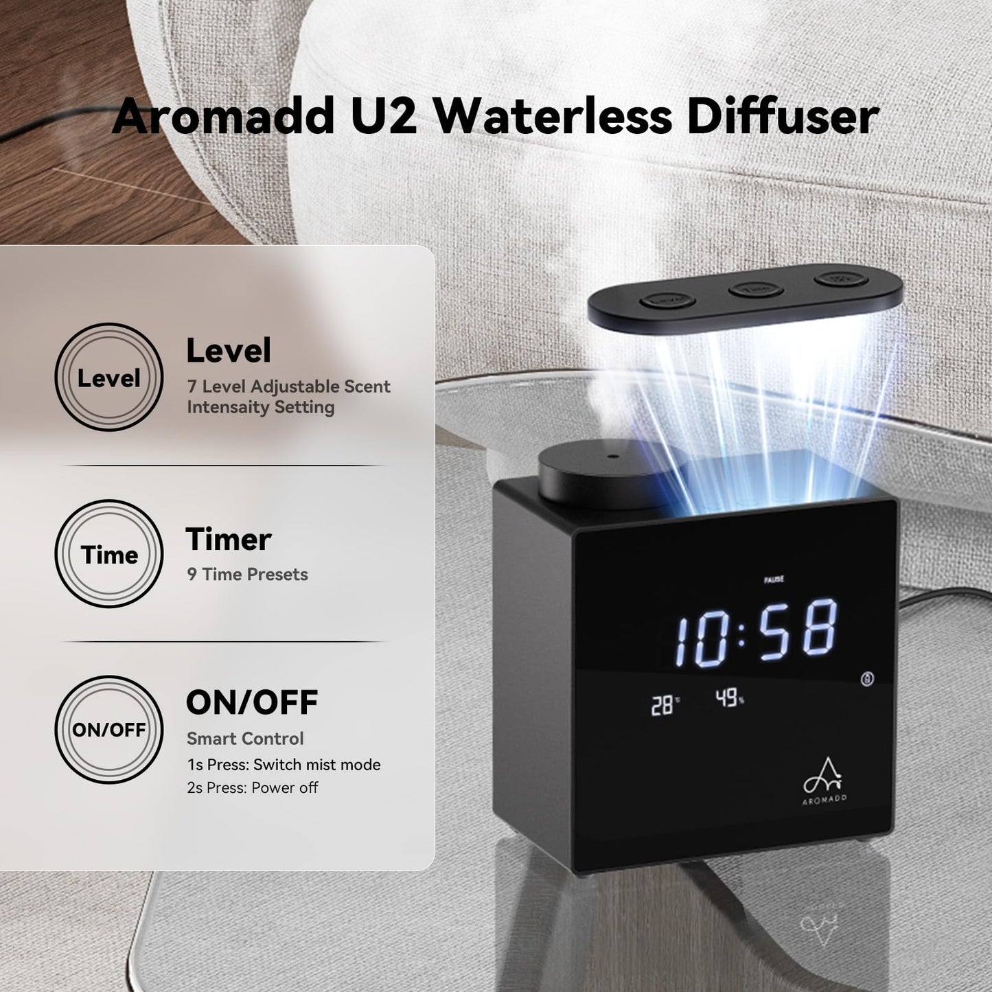 Aromadd 2026 Smart Waterless Diffuser – 2000 Sq Ft, Clock & Environment Display (Black)