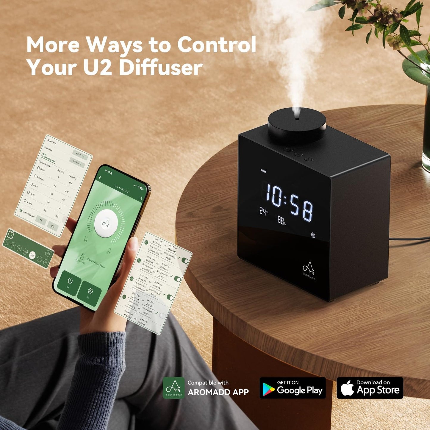 Aromadd 2026 Smart Waterless Diffuser – 2000 Sq Ft, Clock & Environment Display (Black)