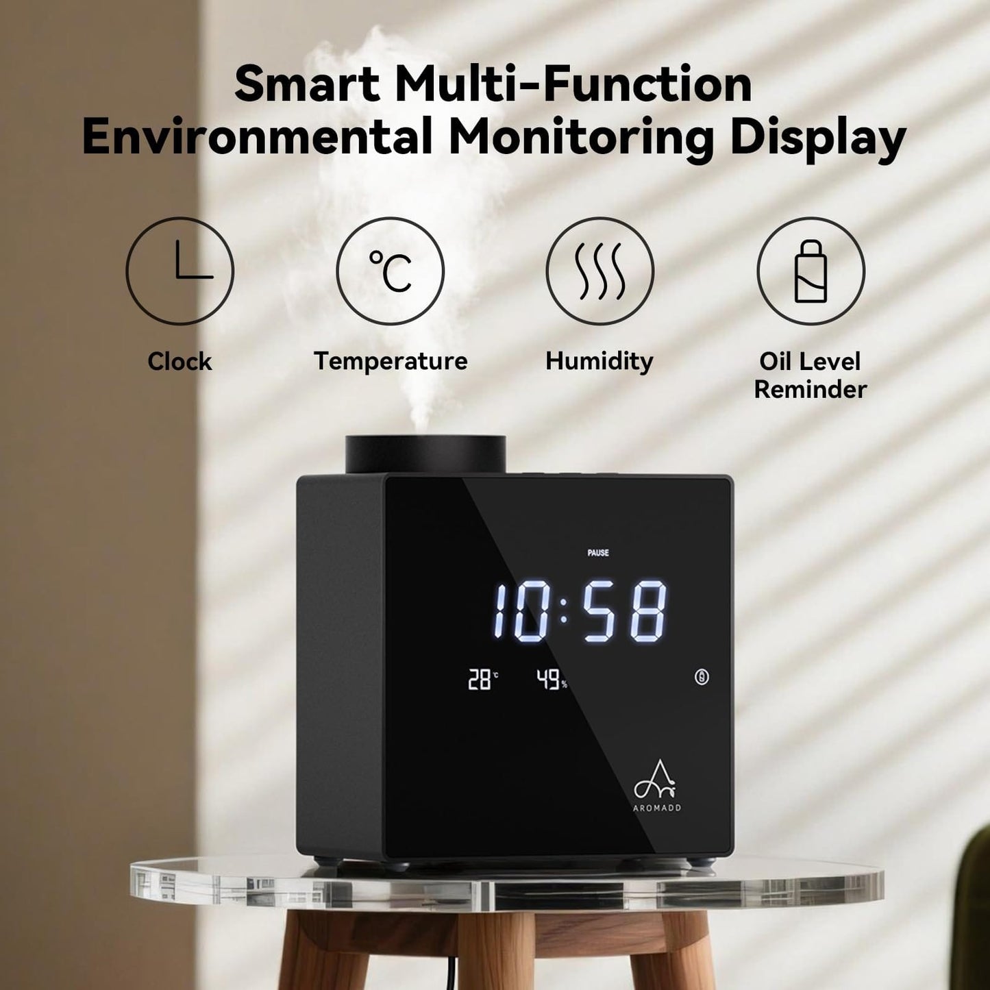 Aromadd 2026 Smart Waterless Diffuser – 2000 Sq Ft, Clock & Environment Display (Black)