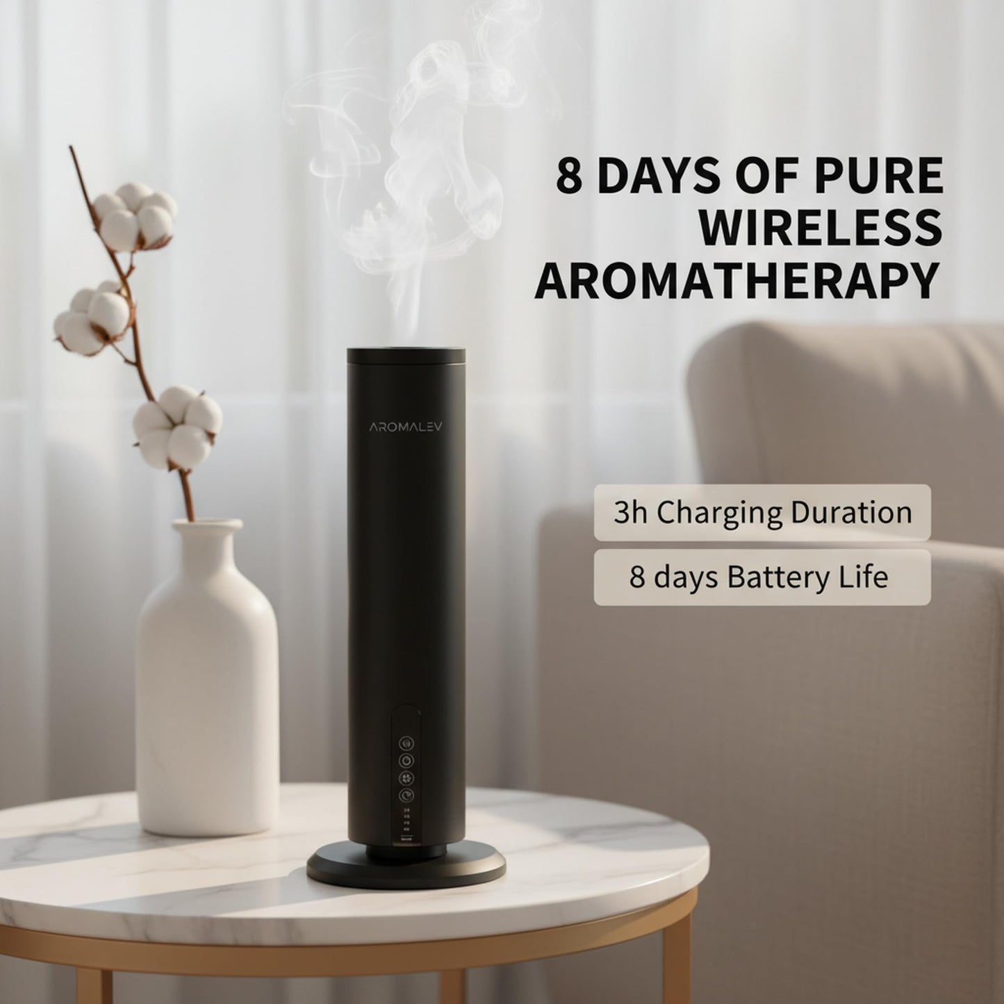 AROMALEV Waterless Tower Diffuser – Wireless, App-Controlled Aromatherapy for Large Rooms