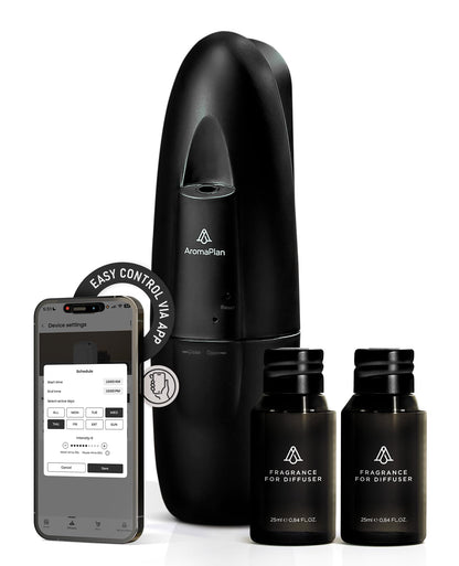 AromaPlan 5-Star Collection 2025 Plug-In Diffuser Cold Air & Waterless – 2 Fragrances Included, Silent 500 sq ft, Bluetooth App Control (Black)