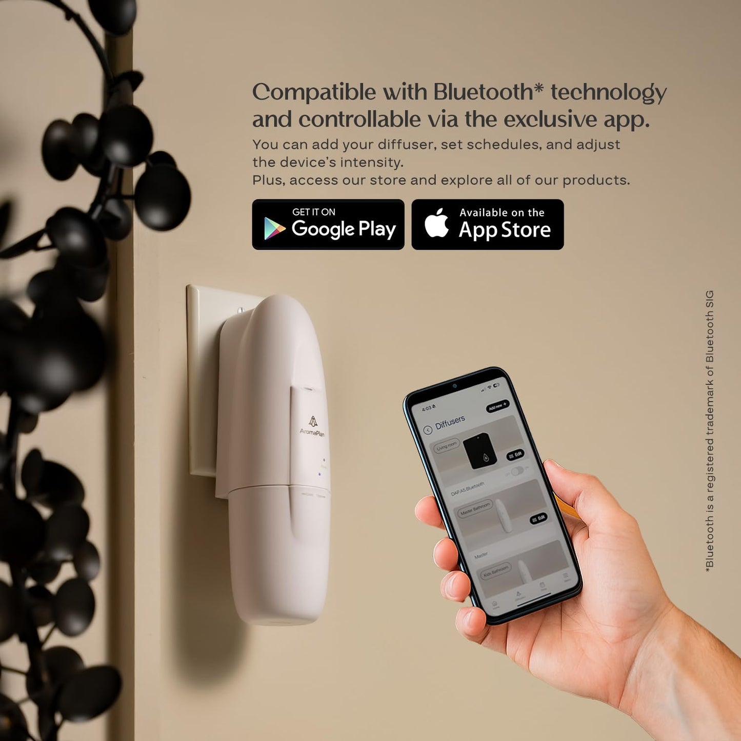AromaPlan 5 Star Collection 2025 Plug-In Diffuser - Waterless, Bluetooth App Control, 500 sq ft (White)