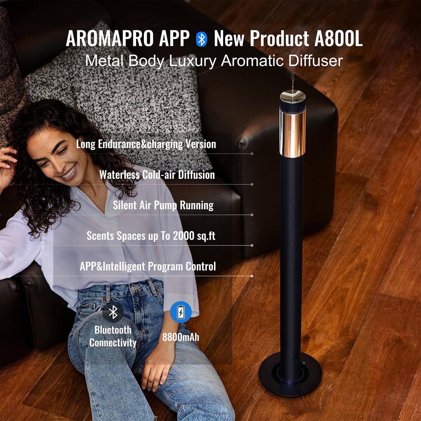 AROMASOUL 40-Inch Waterless Diffuser with App Control – 2000 Sq Ft Coverage, Deep Blue