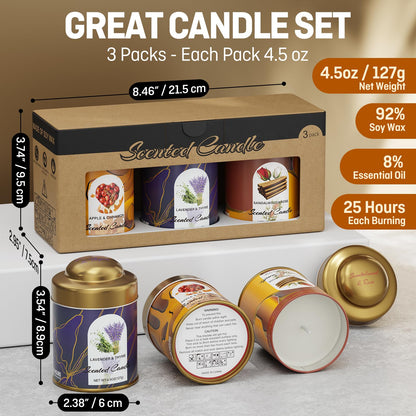 3-Pack Aromatherapy Candle Set - Scented Candles | 4.5oz × 3 | 75+ Hour Total Burn | Natural Soy Candles for Home, Gifts & Christmas (Lavender+Rose+Cinnamon)